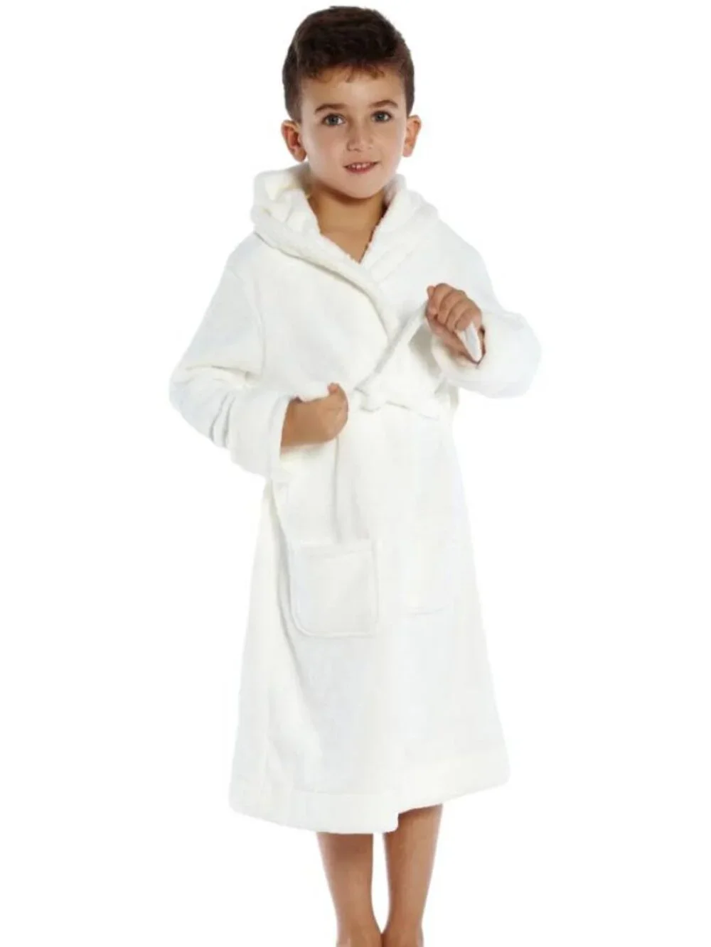GENUINE POTTERY BARN KIDS IVORY CREAM PLUSH HOODED BATHROBE WITH BELT SIZE SMALL